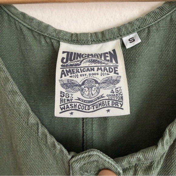 JUNGMAVEN Hemp Organic Cotton Button Front Jumper Jumpsuit S Green Twill Artsy - Picture 4 of 5